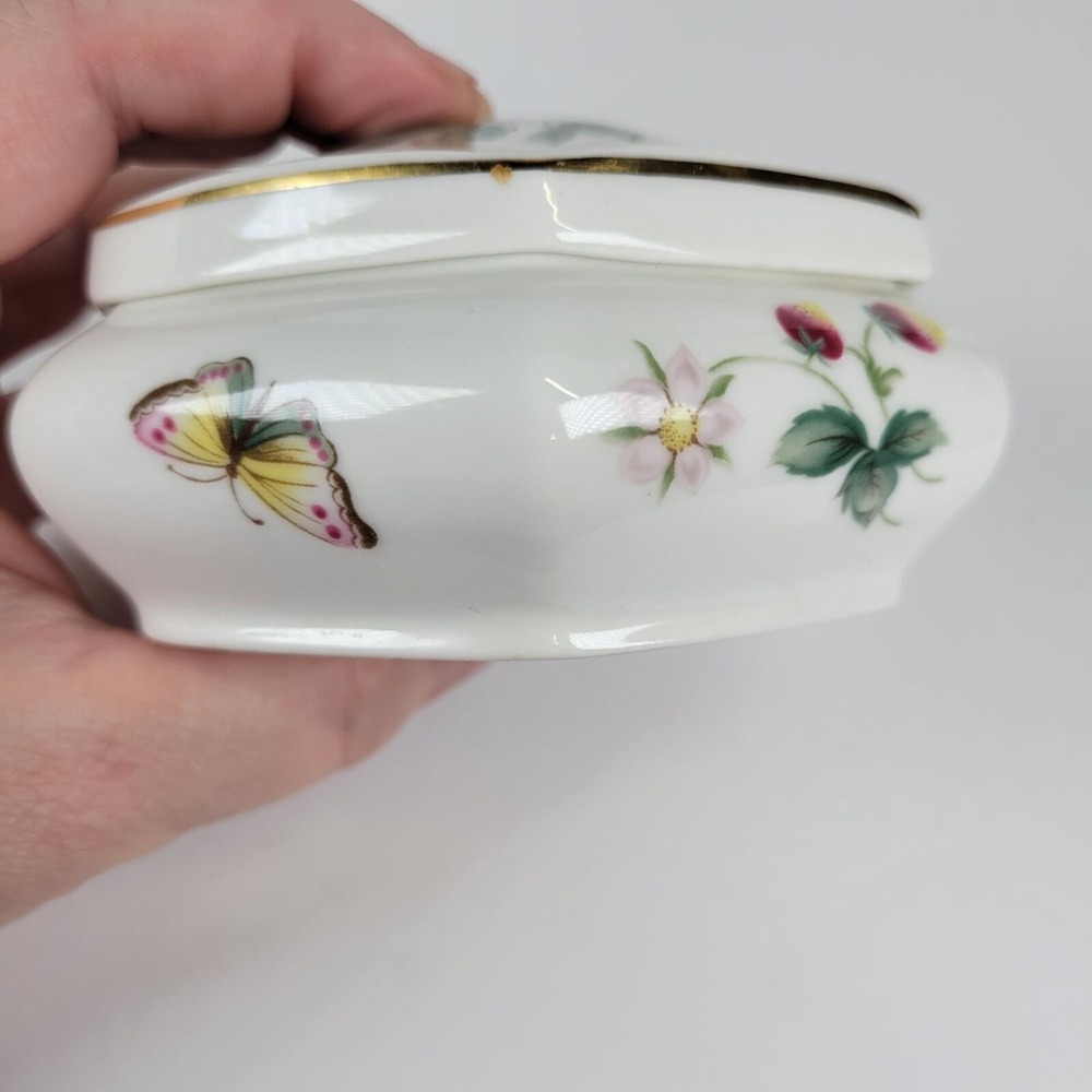 Vtg St. Michael Ashbourne Trinket Vanity Box Fine China Floral Butterfly Hexagon - Picture 6 of 9